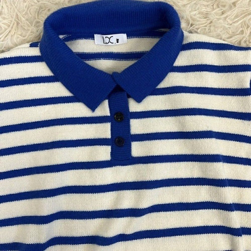 Womens Vintage 70s Acrylic Women Henley Sweater Large White Blue Striped Medium - Picture 10 of 11